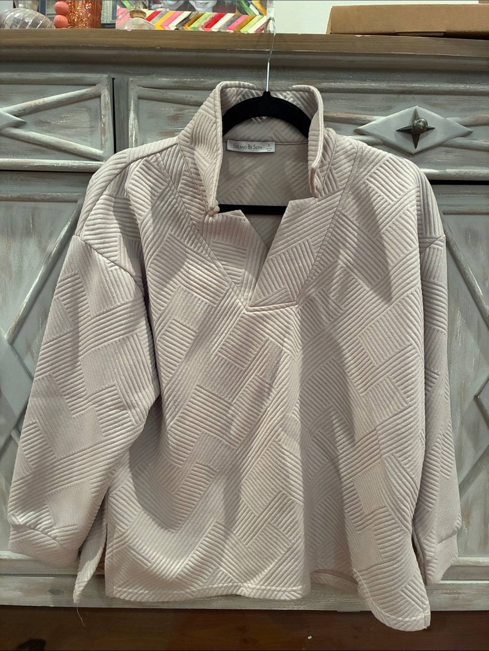 Striped-Texture Pullover Tunic with pants in Light Beige